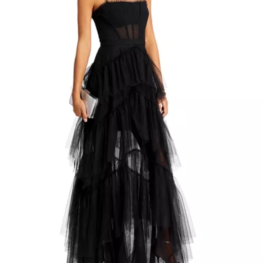 Betsy & Adam Women's Black Tiered Tulle Ruffled Square Neck Dress Size 6